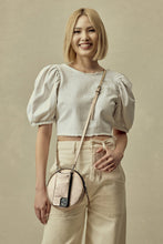 Load image into Gallery viewer, Round Expanded Pebble Leather Zip Pouch - Champagne/Silver