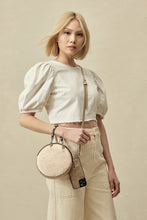 Load image into Gallery viewer, Round Expanded Pebble Leather Zip Pouch - Champagne/Silver