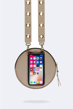Load image into Gallery viewer, Round Expanded Smooth Leather Zip Pouch - Taupe/Gold