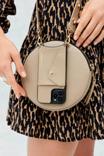 Load image into Gallery viewer, Round Expanded Smooth Leather Zip Pouch - Taupe/Gold
