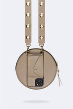 Load image into Gallery viewer, Round Expanded Smooth Leather Zip Pouch - Taupe/Gold
