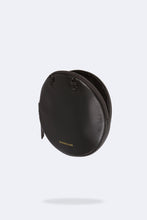 Load image into Gallery viewer, Round Expanded Pebble Leather Zip Pouch - Black/Pewter
