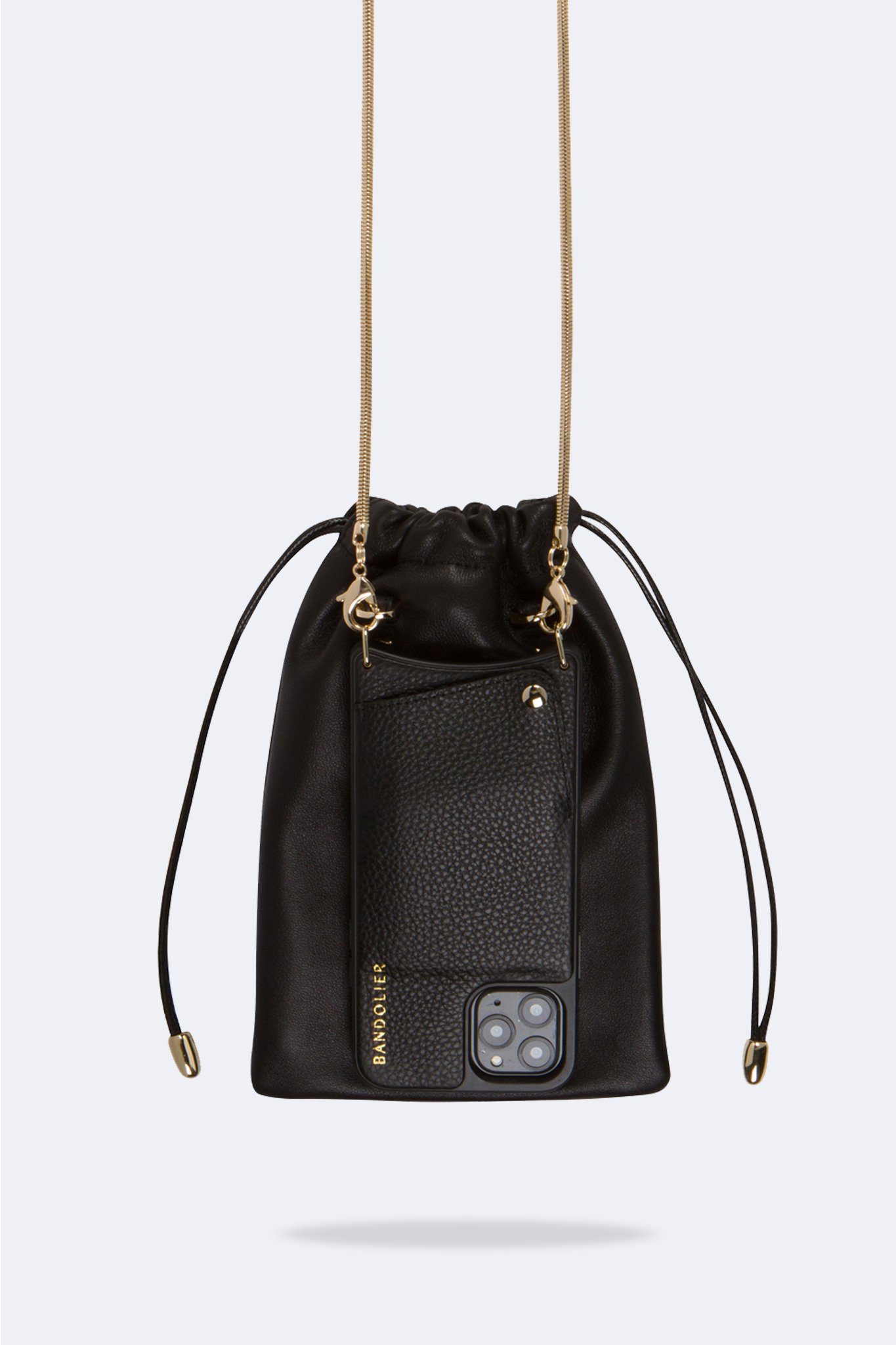 Drawstring Smooth Leather Pouch - Black/Gold