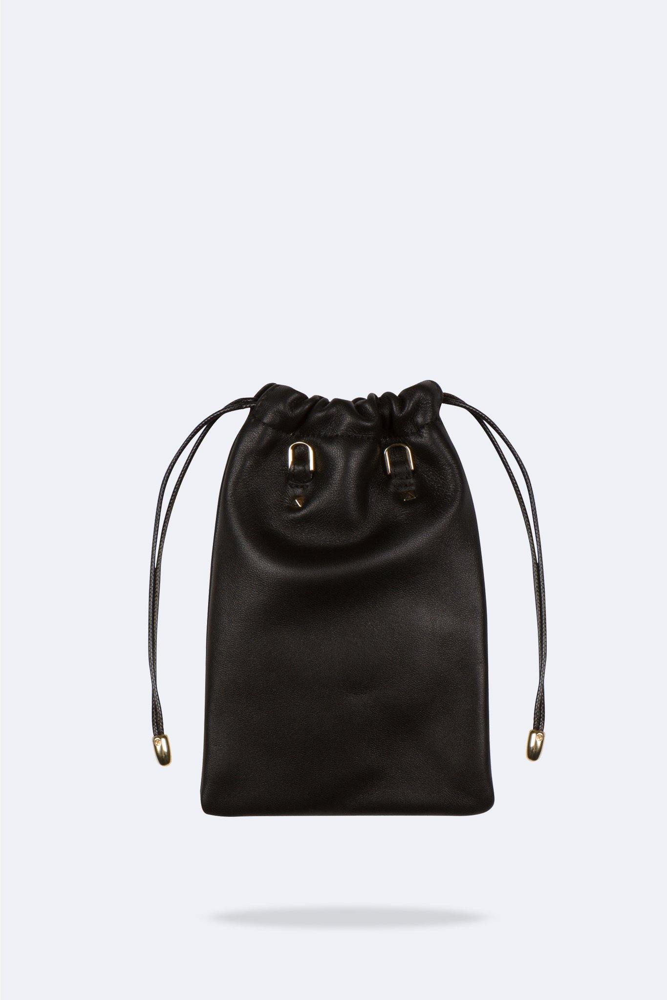 Drawstring Smooth Leather Pouch - Black/Gold