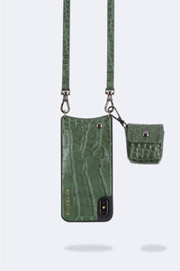 Avery AirPod Clip-On Pouch - Green Croc/Pewter